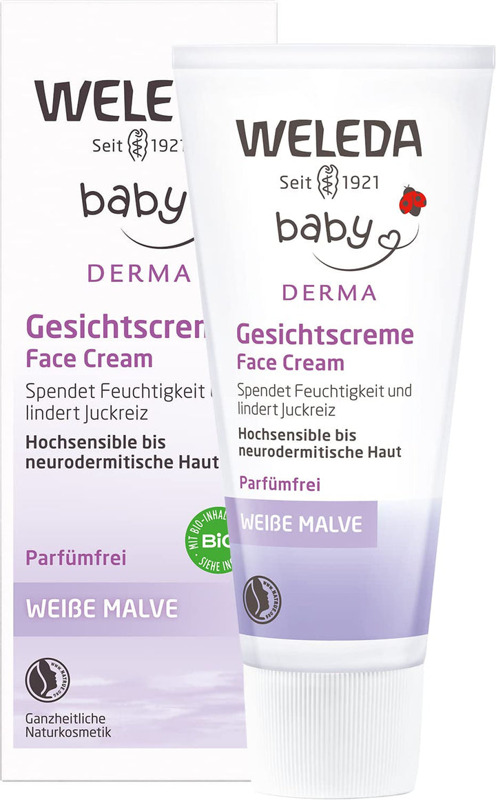 WELEDA Organic Baby Derma White Mallow Face Cream, cremă hidratantă pentru pielea foarte sensibilă și neurodermitică, cosmetice naturale pentru îngrijire intensivă și ameliorarea mâncărimii (1 x 50 ml)