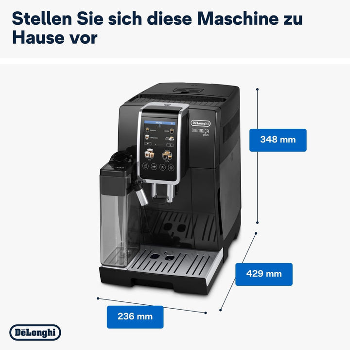 De'Longhi Dinamica plus ECAM382.70.B, Espressor automat pentru boabe de cafea, Espressor Cappuccino cu Latte Crema Hot, Espressor cu 18 rețete, Ecran TFT de 3,5 inci, 1450 W, Negru