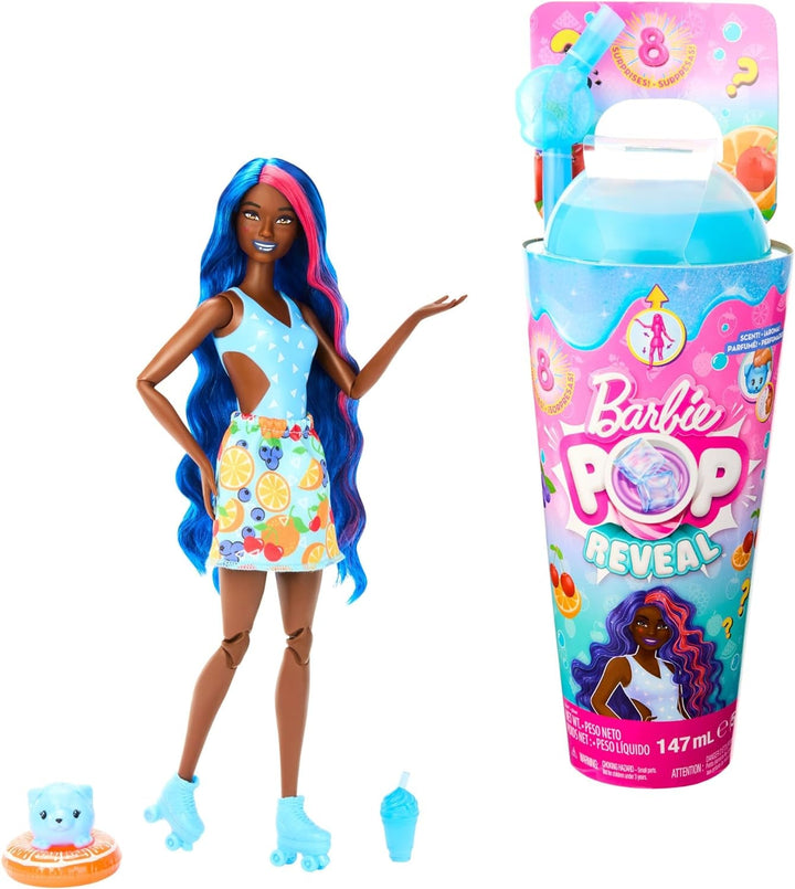 Barbie Pop Reveal Fruit - păpușă cu păr roșcat în aromă de pepene roșu, 8 surprize, fată squishy parfumată, păr și machiaj care își schimbă culoarea, pentru copii de la 3 ani, HNW43