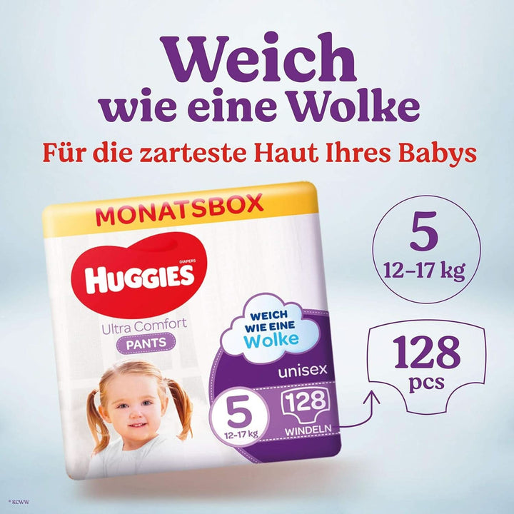 Huggies Ultra Comfort Pants, mărimea 5, 12 - 17 kg, Pentru copii activi, Cu indicator de umezeală și tehnologie cloud waistband, 128 scutece