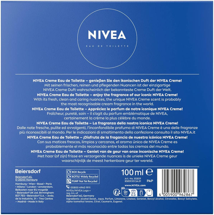 NIVEA Creme Eau De Toilette, Parfum cu aroma emblematică NIVEA Creme, Parfum unisex proaspăt și delicat în sticla emblematică de parfum (100 ml)