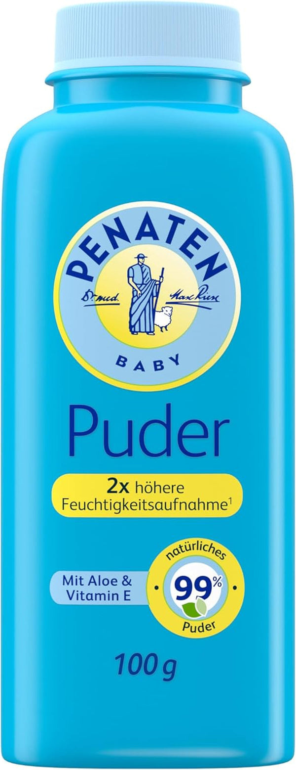 Pudră naturală pentru bebeluși Penaten cu aloe și vitamina E (1x 100g)- Protejează pielea sensibilă, absoarbe umezeala și menține pielea uscată- Aprobat dermatologic-99% ingrediente de origine naturală