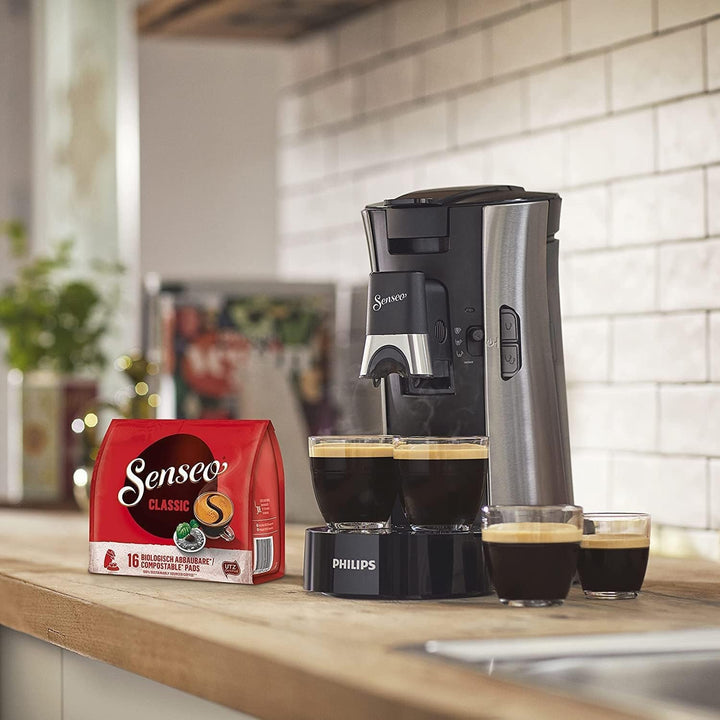 Aparat de cafea cu doze Philips Senseo Select - Selectare putere cafea plus, Funcție Memo, Tehnologie Crema plus, Rezervor de apă de 0,9 l, Funcție pentru două cești, Duză reglabilă pe înălțime, Ecologic (CSA250/10)