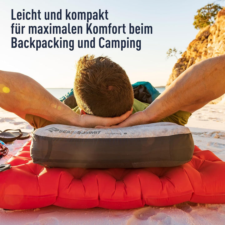 Sea to Summit - Aeros Down Travel Pillow L - Ultralight & Inflabilă - Material 10D - Pernă din puf Premium - Antiderapantă - Pentru drumeții și camping - 42 X 28 X 12 Cm - Gri - 95 G