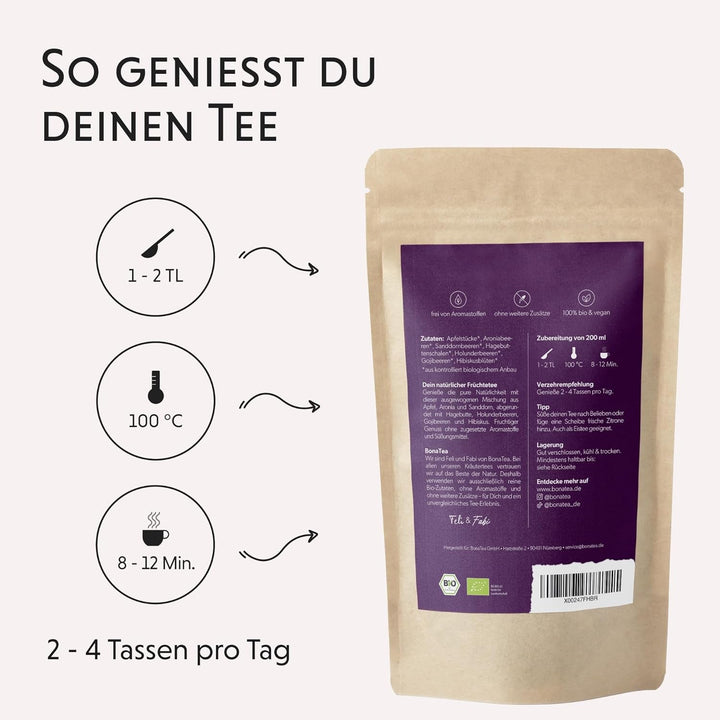 Ceai natural din fructe BIO vrac, fără arome, delicat și natural, cu fructe de cătină, fructe de soc și fructe de aronia, 200 g