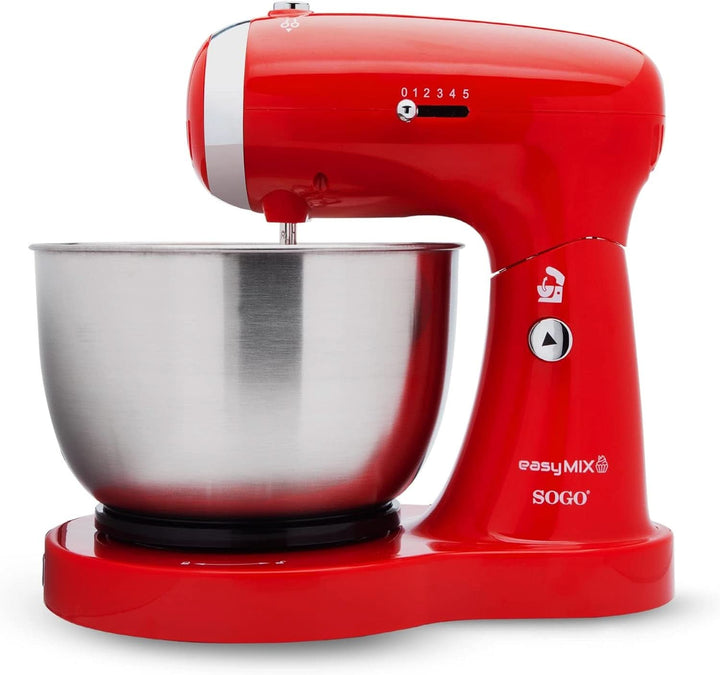 SS-14506 Küchenmaschine, Mixer Und Mixer 3-In-1 Mit Drehschüssel, Stäbchen Und Haken Zum Kneten Aus Edelstahl, 5 Geschwindigkeiten, 3,2 Liter (Rot)