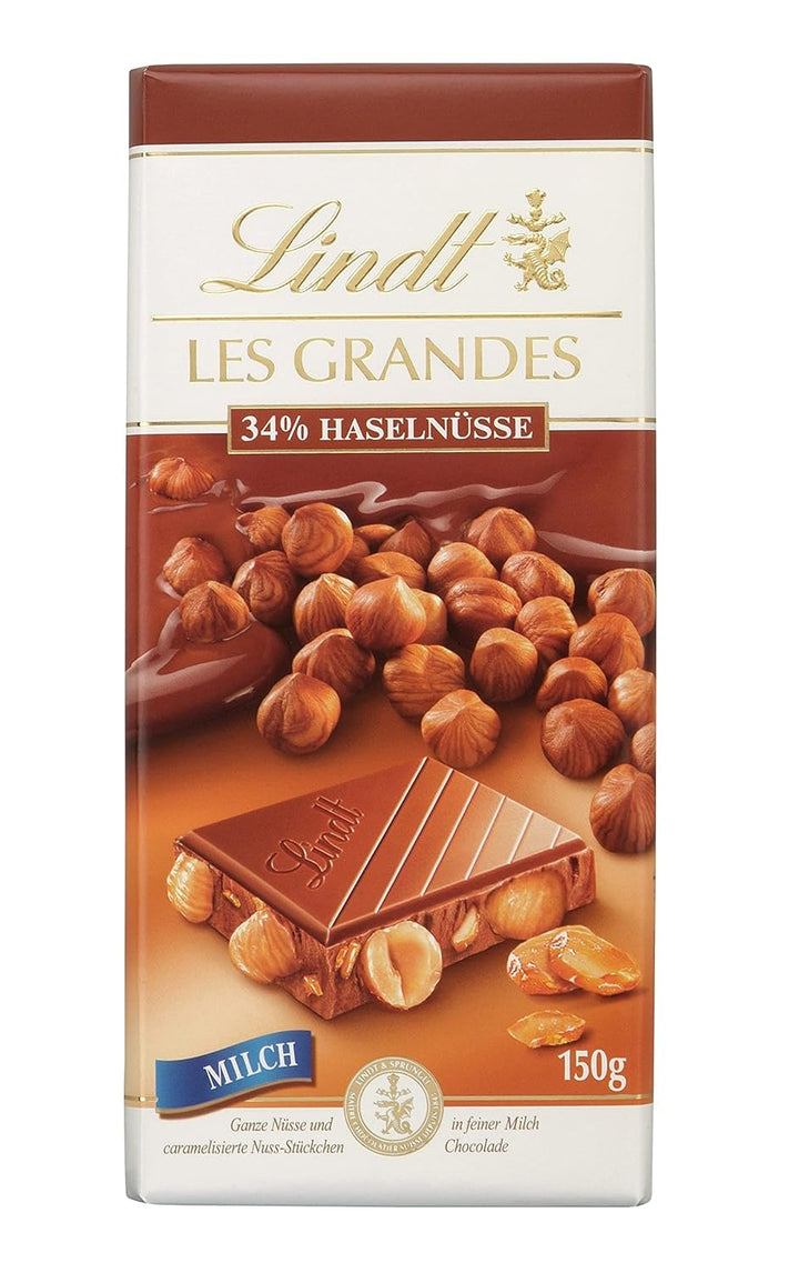 Lindt Schokolade Les Grandes Haselnuss Milch | 150 G Tafel | Ganze Nüsse Und Karamellisierte Nuss-Stückchen in Feiner Milch Schokolade | Schokoladentafel | Schokoladengeschenk