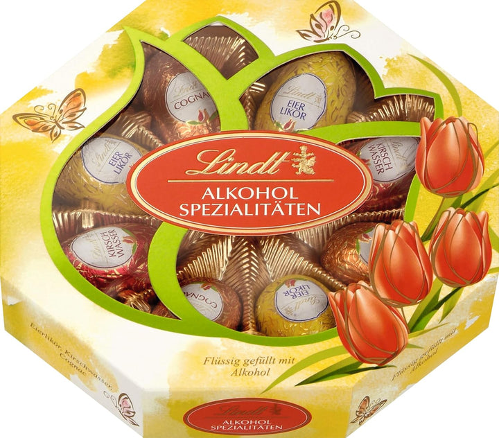 Lindt Schokolade Alkohol-Spezialitäten Eier| 144 G | Vollmilch-Eier Mit Flüssiger Alkoholischer Füllung (Cognac, Eierlikör-Eier, Kirschwasser) | Oster Schokolade | Schokoladengeschenk | Ostereier