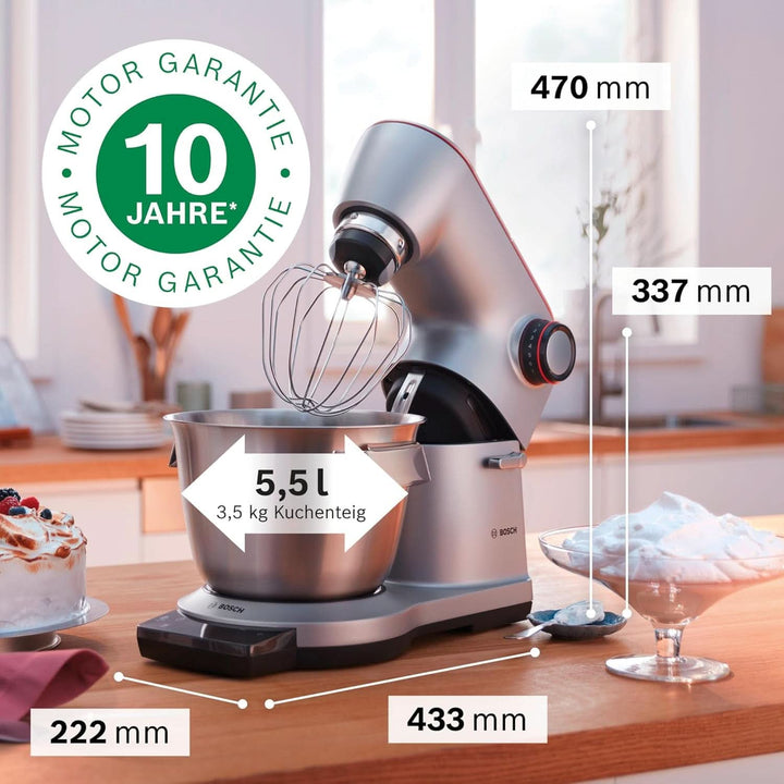 Bosch Küchenmaschine Serie 8 MUM9AX5S00, Edelstahl-Schüssel 5,5 L, Integrierte Waage Und Timer, Planetenrührwerk, Profi-Knethaken, Schlag-, Rührbesen, Edelstahl, 7 Arbeitsstufen, 1600 W, Silber