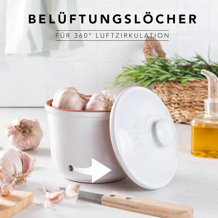 Römertopf Fresh Pot MINI 0,6 litri - Oală de usturoi ceramică - Argila respirabilă păstrează legumele proaspete pentru mai mult timp - Circulație ideală a aerului - Alb Cutii depozitare alimente Naty Shop