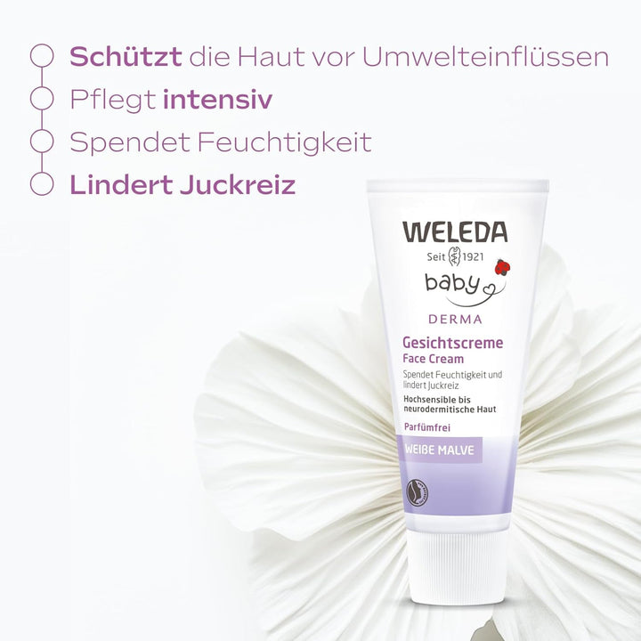 WELEDA Organic Baby Derma White Mallow Face Cream, cremă hidratantă pentru pielea foarte sensibilă și neurodermitică, cosmetice naturale pentru îngrijire intensivă și ameliorarea mâncărimii (1 x 50 ml)