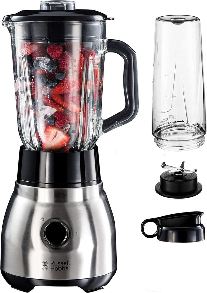 Russell Hobbs Standmixer 2-In-1 [1,5L Glasbehälter Mixer & 0,6L Mini Smoothie Maker -To-Go-Trinkflasche Inkl. Deckel] Spülmaschinenfest, Impuls-/Ice-Crush Funktion, Becher BPA Frei, Edelstahl 23821-56