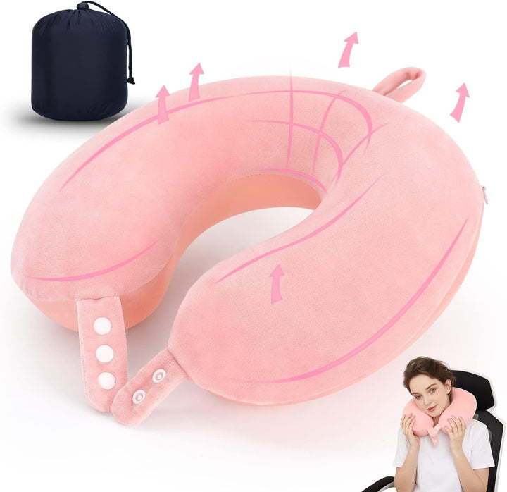 TALLGO Travel Neck Pillow, cea mai bună pernă de avion din spumă de memorie pentru tetieră, pernă moale reglabilă pentru avion, mașină și casă, roz