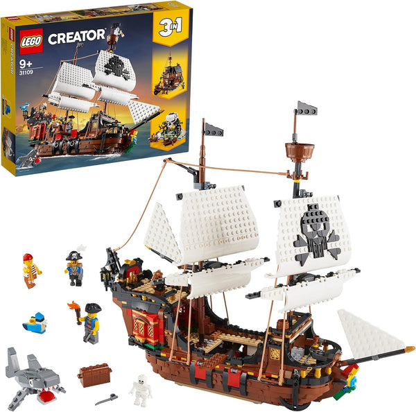 Set navă pirat LEGO Creator 3 în 1, jucărie cu 3 opțiuni de construcție, construiește o tavernă pirat sau o insulă pirat cu craniu, include 3 minifigurine pentru aventuri de rol 31109