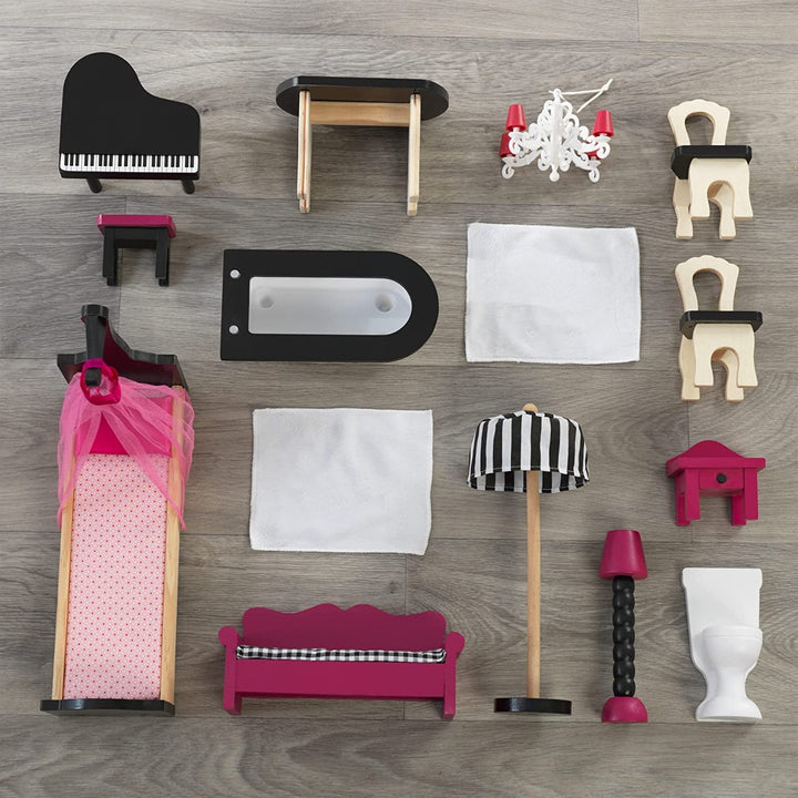 Casă de păpuși din lemn Kidkraft Amelia cu mobilier și accesorii, set de joacă cu balcon și lift pentru păpuși de 30 cm, jucărie pentru copii de la 3 ani, 65093