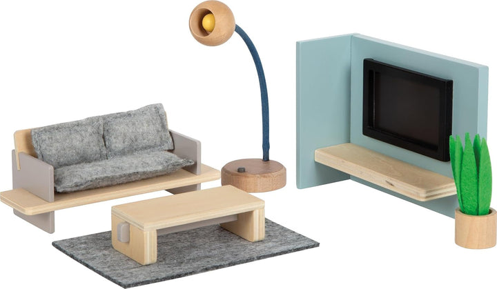Casă de păpuși din lemn Small Foot, culori naturale - 3 etaje cu terasă pe acoperiș și set de mobilier din 51 de piese, încurajează jocul creativ, potrivită de la 3 ani, 12541