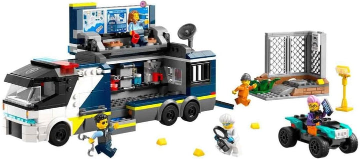 Camion de poliție LEGO City cu laborator, set de poliție cu quad și camion de jucărie pentru copii, cadou pentru băieți și fete de la 7 ani, plus 5 minifigurine - 2 polițiști, 1 om de știință și 2 escroci 60418