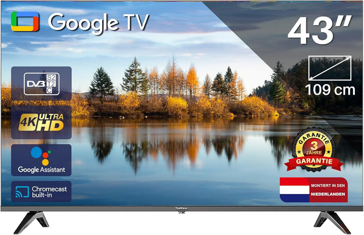 TEEVIEW TV43QUG-EU 43" Google Smart 4K UHD TV, WLAN, Bluetooth, 3X HDMI, Triple Tuner, Sprachsteuerung, Integrierte Streaming-Apps