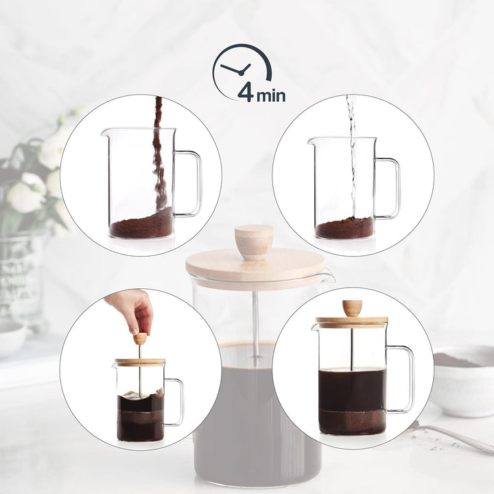 - 62161 - Cafetieră franceză din lemn, Cafetieră cu presă franceză, Filtru din oțel inoxidabil, 8 cești, Oțel inoxidabil și lemn de bambus, 1L