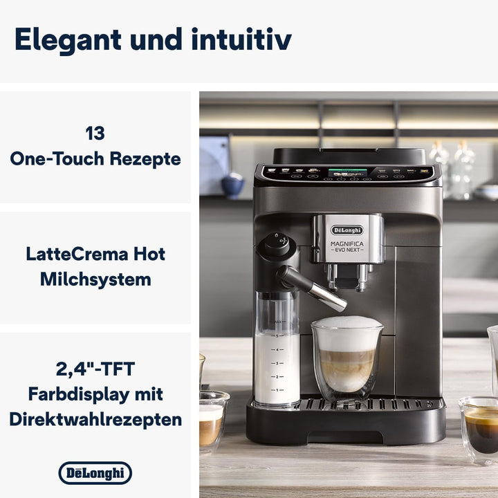 De'Longhi Magnifica Evo Next ECAM312.80.TB, aparat de cafea complet automat cu 13 băuturi (cappuccino, espresso, latte macchiato), ecran color TFT de 2,4'', sistem latte crema lapte, funcție 2 căni, titan