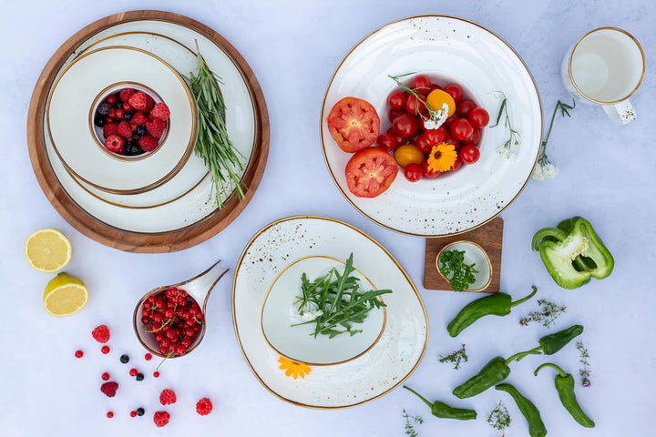 MÄSER Serie Pintar, Hochwertiges Speise Geschirr-Set Für 4 Personen, 16-Teiliges Kombiservice Mit Heller Glasur, Visuellen Braunen Sprenkeln Und Feinem Rand Im Vintage Handmade Look, Porzellan