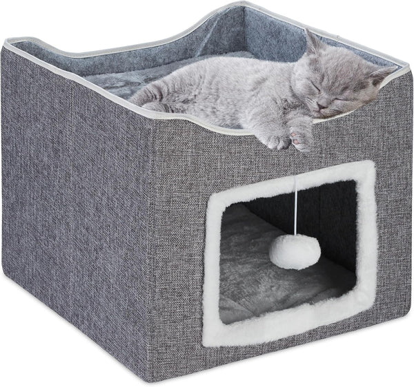 Peșteră Relaxdays pentru pisici, ÎxLxA: 32 x 40 x 40 cm, Zonă de zgâriat, Jucărie pentru pisici, 2 perne pentru pisici, Căsuță pliabilă pentru pisici, Gri