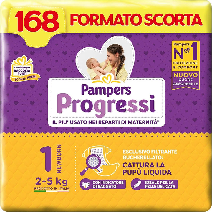 Pampers Progressi Newborn, 168 Pannolini, Taglia 1 (2-5 Kg)