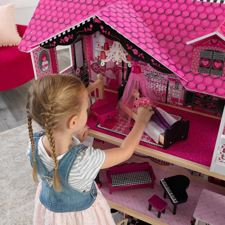 Casă de păpuși din lemn Kidkraft Amelia cu mobilier și accesorii, set de joacă cu balcon și lift pentru păpuși de 30 cm, jucărie pentru copii de la 3 ani, 65093