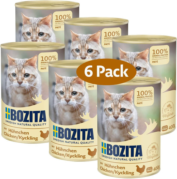 Bozita Paté Chicken Grain Free - 6X400G Hrană umedă pentru pisici și pisoi. Hrană completă cu 9,5 % proteine & 5 % grăsimi Produsă din ingrediente naturale de înaltă calitate, fără cereale - Din Suedia