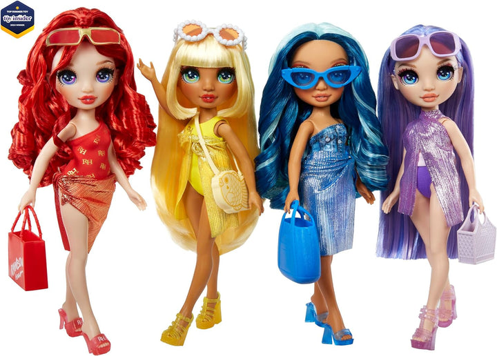 Rainbow High Swim & Style - Ruby (roșu) - păpușă înaltă de 28 cm cu pareo strălucitor, poate fi purtată în 10+ moduri - costum de baie extensibil, sandale, accesorii de joacă - jucărie - ideală pentru 4 până la 12 ani