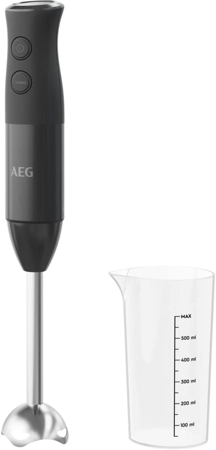 AEG HB4-1-4GG Stabmixer / 2 Edelstahl-Klingen / Inkl. Smoothie-Becher / Bpa-Frei / 2 Geschwindigkeitsstufen / Turbo-Funktion / Spülmaschinenfest / Gebürstetes, Schwarz