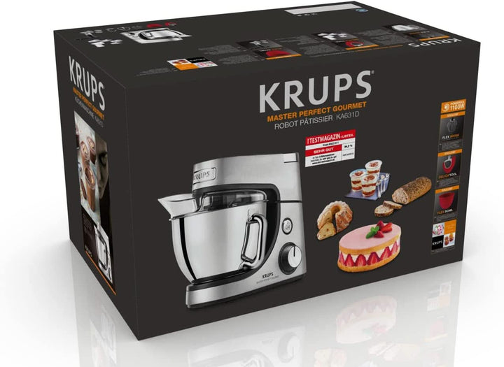 Krups KA631D Küchenmaschine Master Perfect Gourmet | 1100 Watt | 8 Geschwindigkeiten | 4,6L Edelstahlschüssel | 5 Zubehör: Back-Set, Flex-Bowl, Schnitzelwerk | Edelstahl Gebürstet