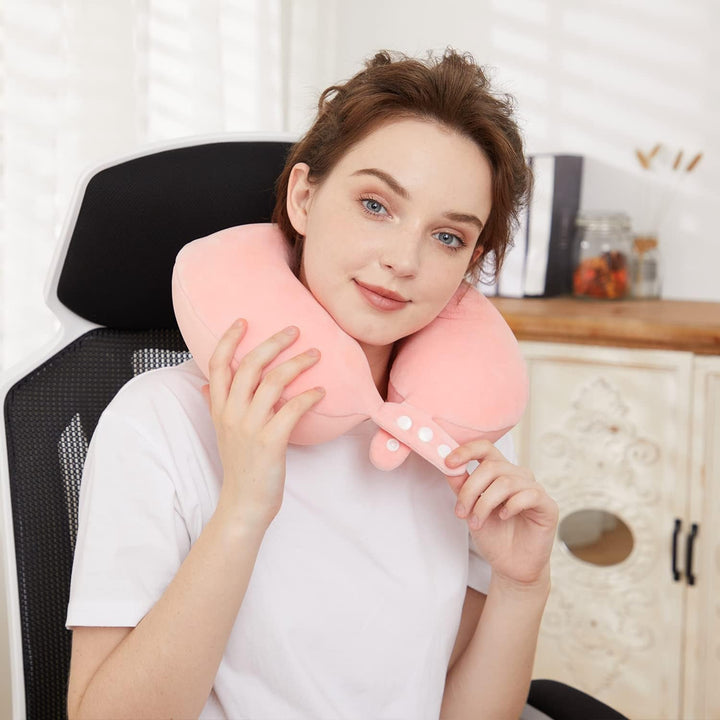 TALLGO Travel Neck Pillow, cea mai bună pernă de avion din spumă de memorie pentru tetieră, pernă moale reglabilă pentru avion, mașină și casă, roz