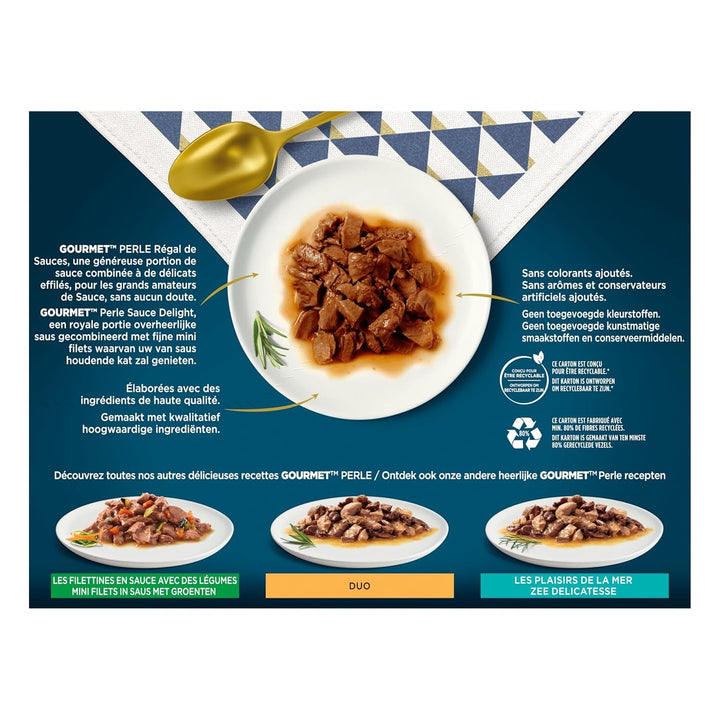 Perle | Sauce Shelf | Adult Cat | Carne de vită, pui, ton, somon | 12 X 85 G | Pungă proaspătă (ambalajul poate varia)