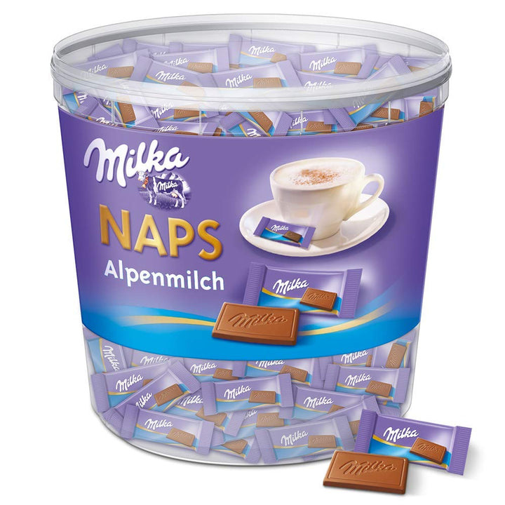 Milka Naps Alpenmilch 1 X 1Kg, Zartschmelzende Mini-Schokoladentäfelchen Aus Feiner Alpenmilchschokolade, Dose