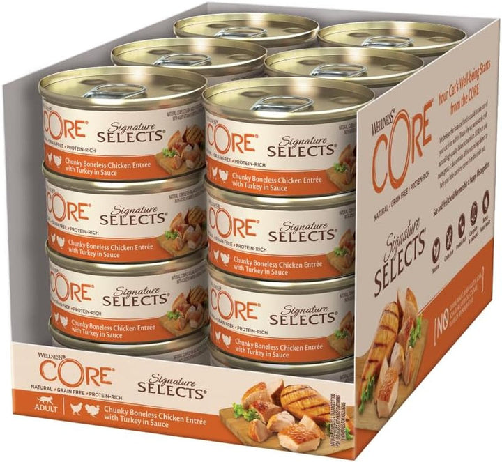 Wellness CORE Signature Selects, Shredded Selection Mix, 8 X 79 G, Hrană umedă premium pentru pisici adulte în sos, fără zahăr adăugat, fără cereale, cu conținut ridicat de carne