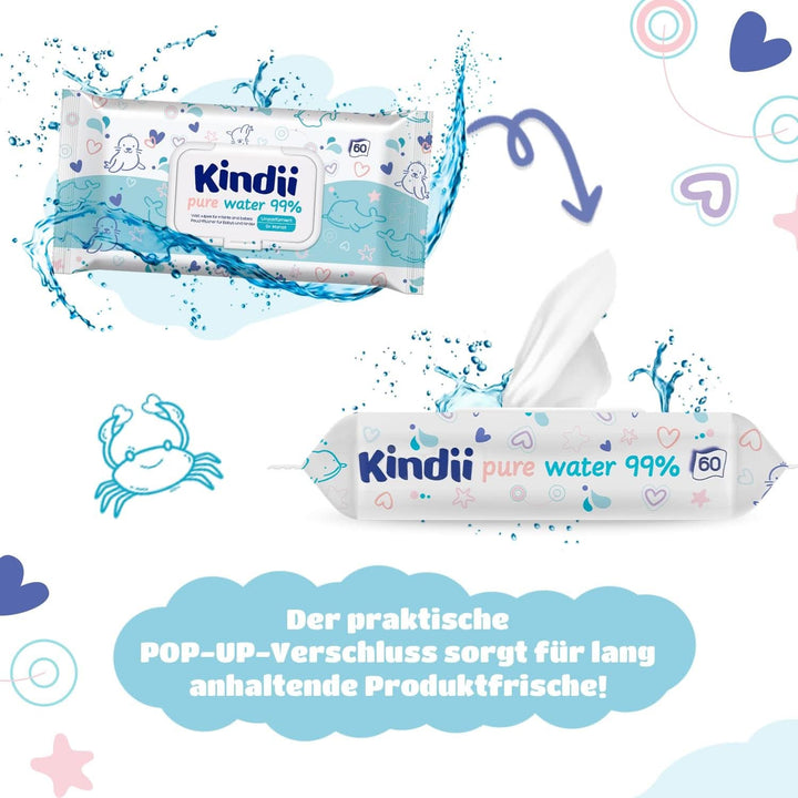 Kindii Feuchttücher Für Babys Und Kinder Pure Water 99% - 99% Ige Zusammensetzung Auf Wasserbasis - Allantoin - Parfümfrei - Unparfümiert - Dermatologisch Getestet - Für Empfindliche Haut - 60 Stück