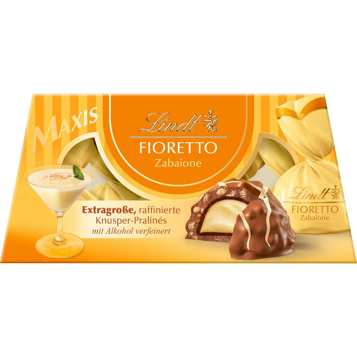 Lindt Schokolade FIORETTO Maxi Zabaione | 138G Geschenkbox | 6 Vollmilch Pralinen, Zabione-Trüffel-Füllung Umhüllt Von Knusprigem Crisp, Alkoholhaltig | Pralinengeschenk | Schokoladengeschenk