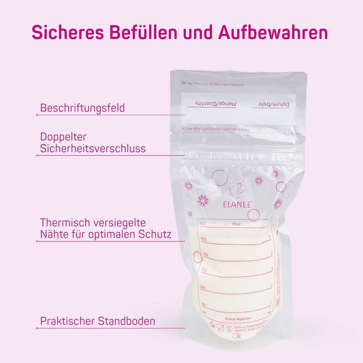 ELANEE Muttermilchbeutel, Aufbewahren & Einfrieren Von Muttermilch, Geschmacksneutral Und Vorsterilisiert, Doppelter Sicherheitsverschluss,20 Stück, Mit Standfuß (711-00)