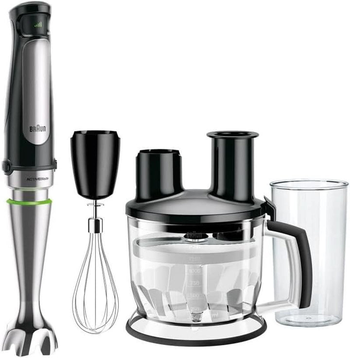 Braun Multiquick 7 MQ 7035X Stabmixer - Pürierstab Mit Abnehmbarem Edelstahl Mixfuß Mit Activeblade Technologie Zum Pürieren Der Härtesten Zutaten, Inkl. 3-Teiliges Zubehör Set, 1000 Watt, Schwarz