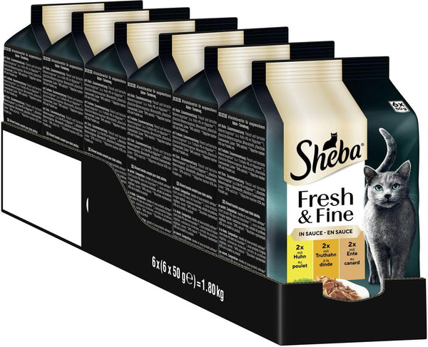 Sheba Portion Bag Wet Cat Food Multipack Fresh & Fine in Sauce With Chicken And Turkey, 6X6X50G - Hrană delicioasă pentru pisici în sos pentru pisici răsfățate