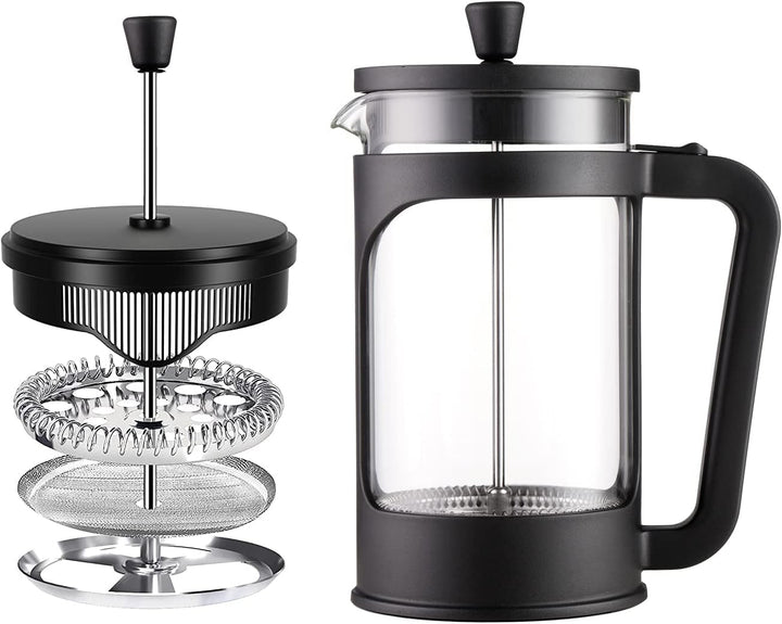 - Cafetieră/ceainic franțuzesc, 1 litru / 34 oz, sticlă borosilicată rezistentă la căldură, filtru din oțel inoxidabil și capac negru
