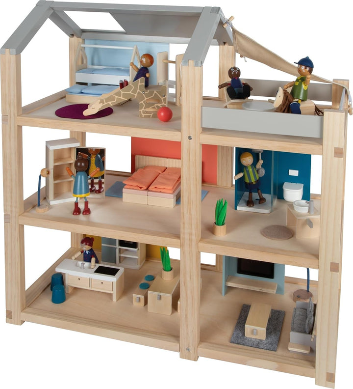 Casă de păpuși din lemn Small Foot, culori naturale - 3 etaje cu terasă pe acoperiș și set de mobilier din 51 de piese, încurajează jocul creativ, potrivită de la 3 ani, 12541