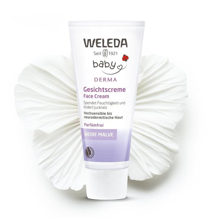 WELEDA Organic Baby Derma White Mallow Face Cream, cremă hidratantă pentru pielea foarte sensibilă și neurodermitică, cosmetice naturale pentru îngrijire intensivă și ameliorarea mâncărimii (1 x 50 ml)