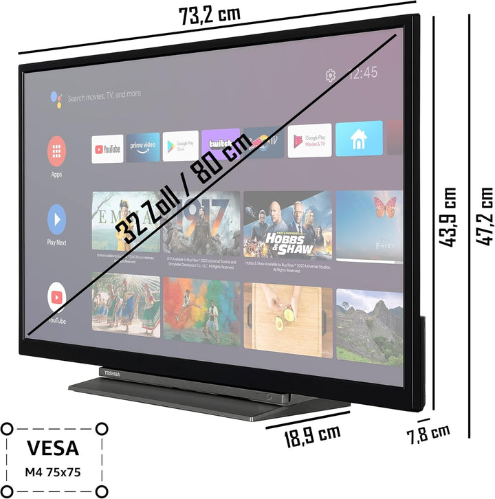 Toshiba 32WA3B63DAZ 32 Zoll Fernseher / Android TV (Hd-Ready, HDR, Smart TV, Play Store & Google Assistant, Triple-Tuner, Bluetooth)