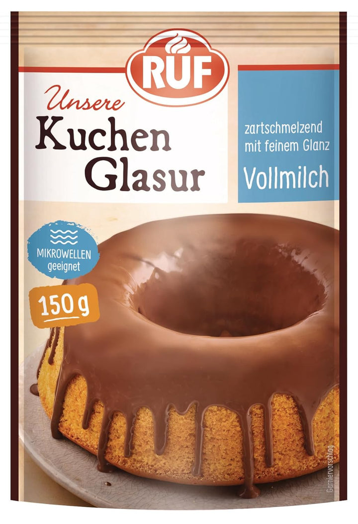 RUF Kuchen-Glasur Vollmilch-Schokolade, Fettglasur Im 150 G Beutel, Mikrowellengeeignet, Zum Glasieren Von Kuchen, Torten, Gebäck & Muffins, 1 X 150 G