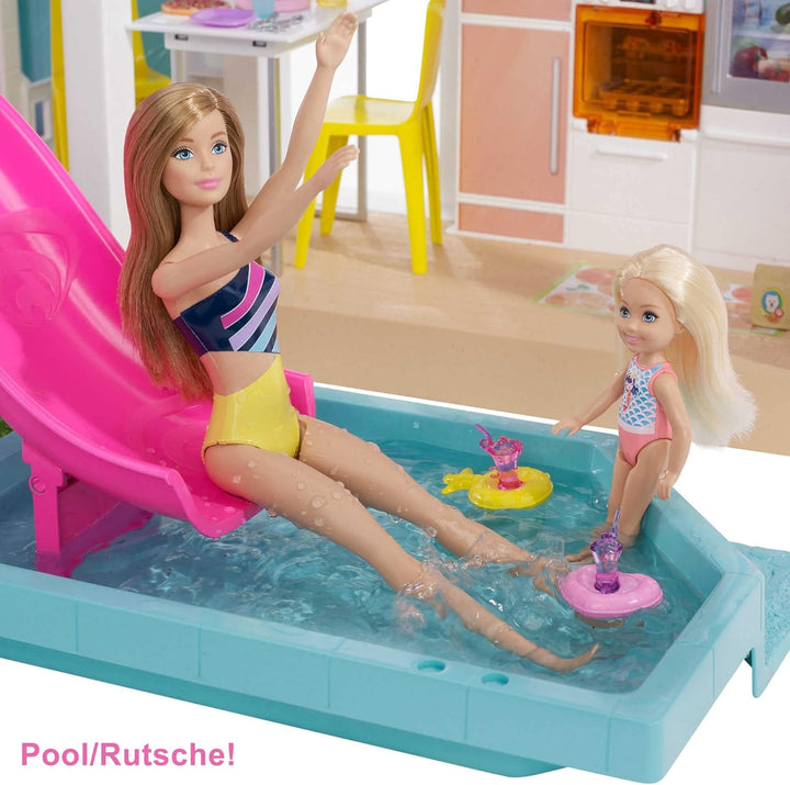 Barbie Dream House (114 Cm), casă de păpuși cu 3 etaje, piscină, tobogan, lift pentru scaun cu rotile, 75 de accesorii, păpuși, Potrivit ca cadou pentru copii cu vârsta de 3 ani și peste, GRG93