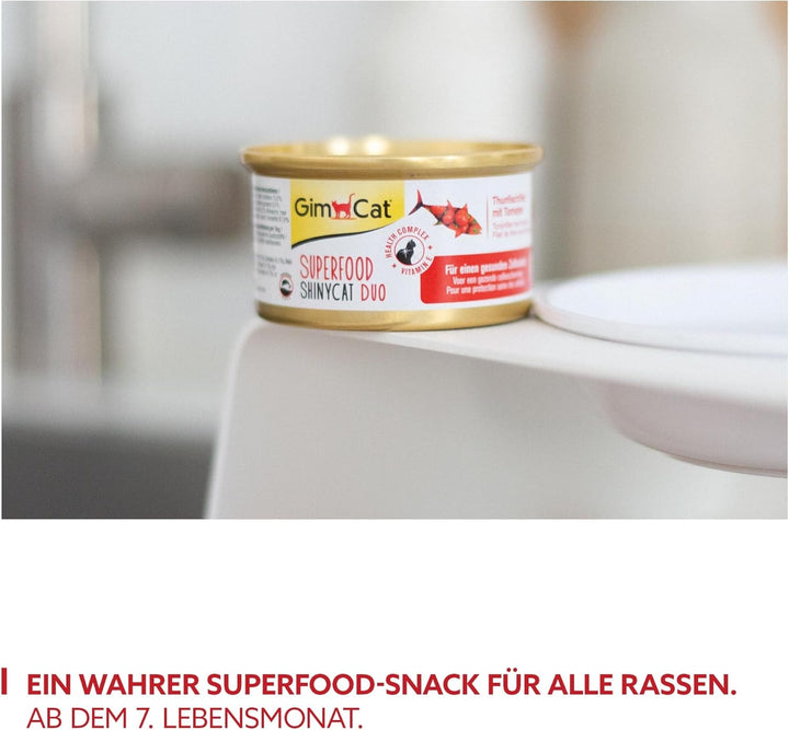 Gimcat Superfood Shinycat Duo Tuna With Tomatoes - Hrană pentru pisici cu file suculent fără zahăr adăugat pentru pisici adulte - 24 cutii (24 X 70 G)