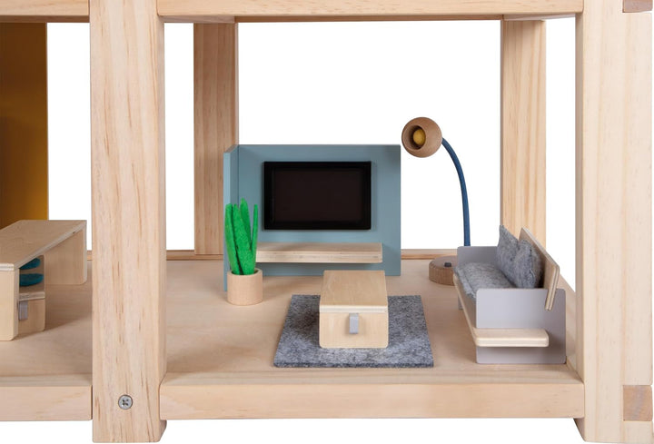 Casă de păpuși din lemn Small Foot, culori naturale - 3 etaje cu terasă pe acoperiș și set de mobilier din 51 de piese, încurajează jocul creativ, potrivită de la 3 ani, 12541