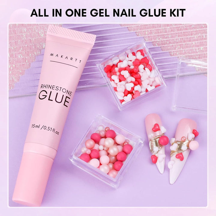 Gel adeziv pentru strasuri Makartt - Set de adeziv UV pentru unghii 15ml cu brelocuri roz pentru unghii, bijuterii pentru unghii în formă de inimă și cerc și accesorii pentru designul unghiilor, pentru manichiură acasă, cadou de Ziua Îndrăgostiților